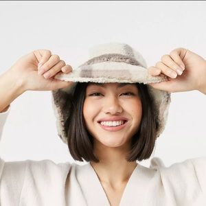 ASOS DESIGN teddy fleece roll back bucket hat in plaid